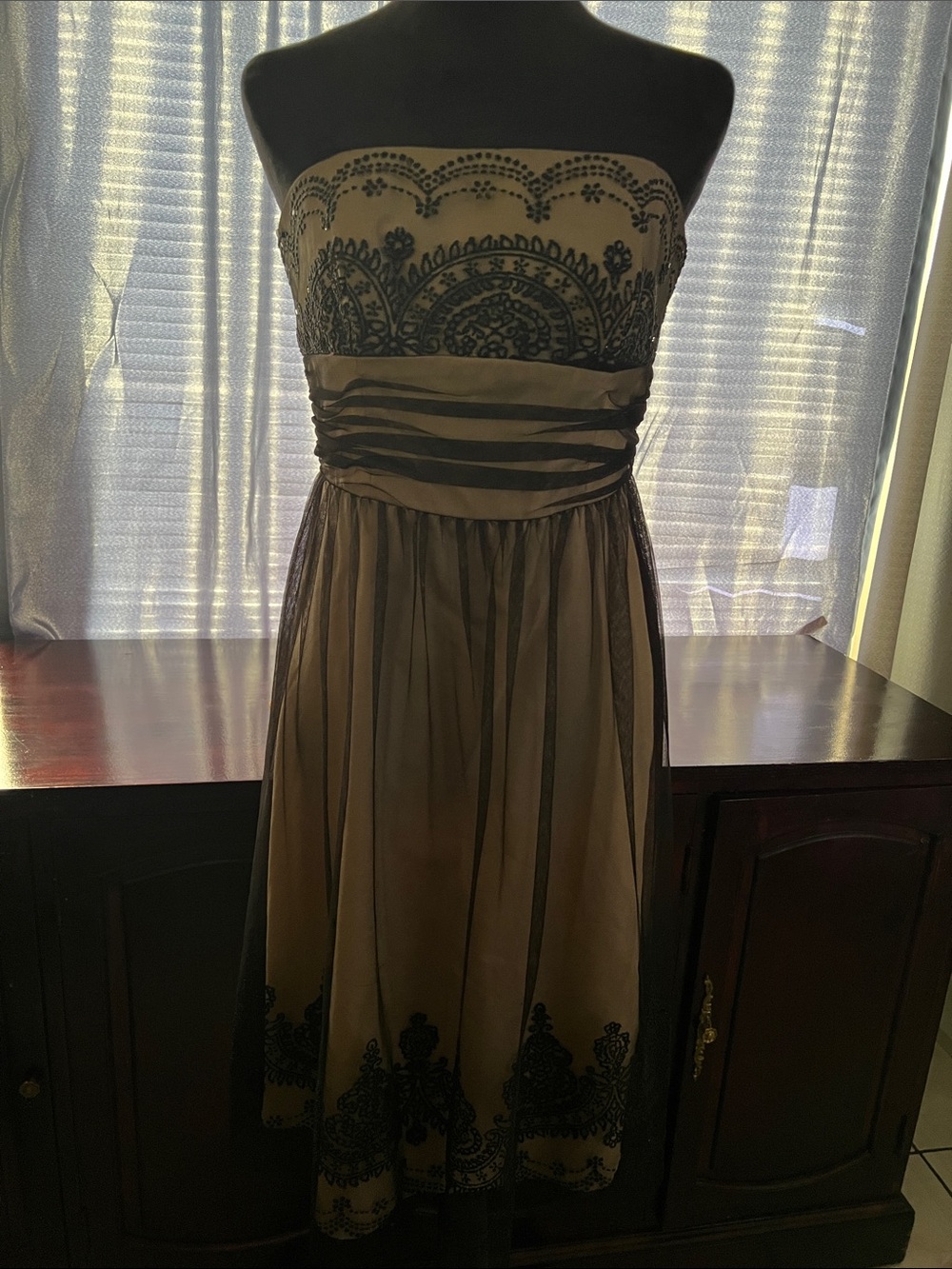David's Bridal Strapless Taupe Dress with Black Lace Overlay